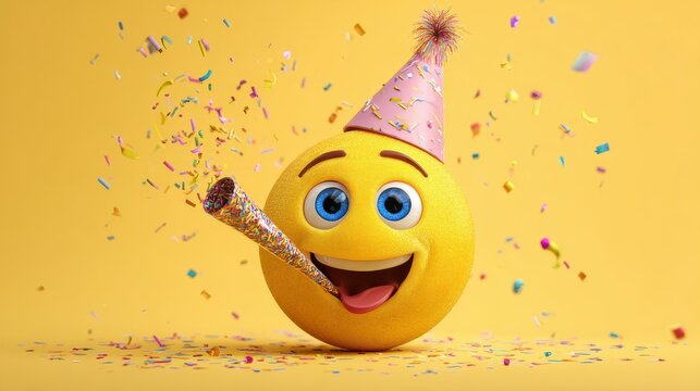 smiling yellow face emoji celebrates with a party hat and confetti joyfully blowing a horn for festive occasions and expressing cheerful vibes - Powered by Adobe