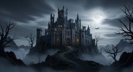 Dark castle under moonlight with bats and spooky trees.