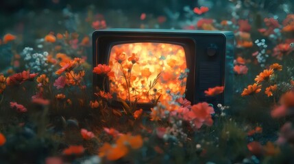 Vintage Television Glowing Amidst Field of Flowers on Green Grass