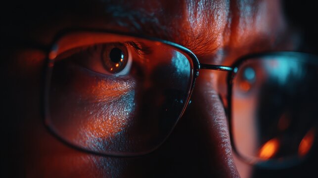 vision hacking and technology concept close up of hacker eyes in glasses looking at computer screen in darkness no logos no brands ar 169