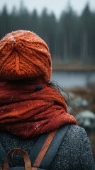 A woman wearing a red hat and scarf is standing in the rain. The woman is looking at the camera