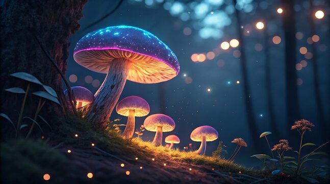 Magical glowing mushrooms in a dark enchanted forest