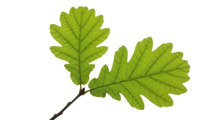 Two Vibrant Green Oak Leaves on a Branch Against White