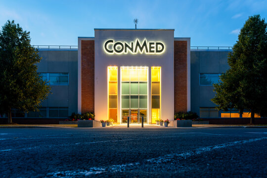 Utica, NY - Aug 16, 2025: Night view of CONMED Corporation, is a global medical technology company, founded in in 1970 in Utica with three factories and over 100 production lines still there