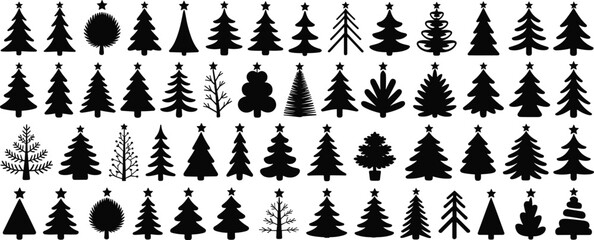 Naklejka premium Black Christmas tree icons collection, assorted evergreen silhouettes with star toppers, holiday festive designs and winter decoration symbols