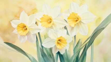 Fototapeta premium 水彩画の白いスイセンのクローズアップとぼやけた背景に緑の葉を持つ花のモチーフ