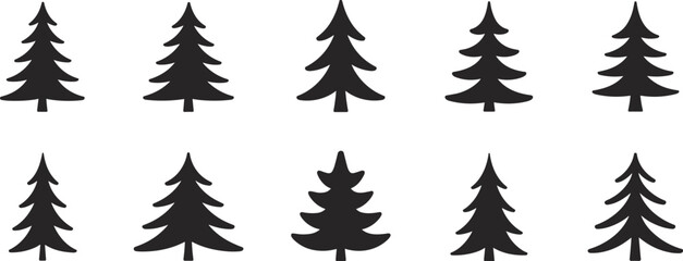 Black pine tree vector silhouettes for Christmas, winter design, holiday decoration, minimal forest elements, seasonal nature clipart icon set