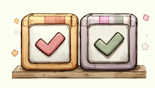 Two pastel-colored, square, digital checkboxes on a wooden shelf