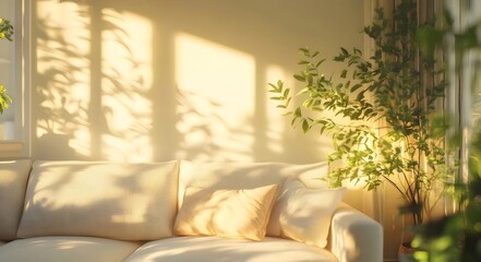 暖かい日光が差し込む室内 クリーム色のソファと緑の植物が並ぶ 静かで穏やかな雰囲気