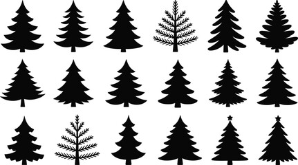 Christmas tree silhouettes collection, black evergreen icons with detailed branches and star toppers, festive holiday and winter decoration shapes