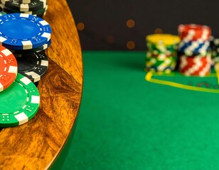 Poker chips on a wooden table at a casino