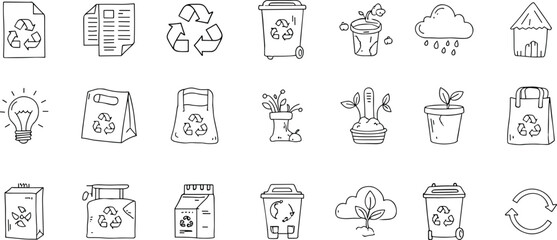Hand drawn eco recycling icons set with trash bins, eco bags, plants, renewable energy, sustainability symbols, climate change awareness, environment protection and green lifestyle