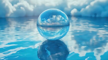青い水面上のクリアな球体雲が反射する静かな風景