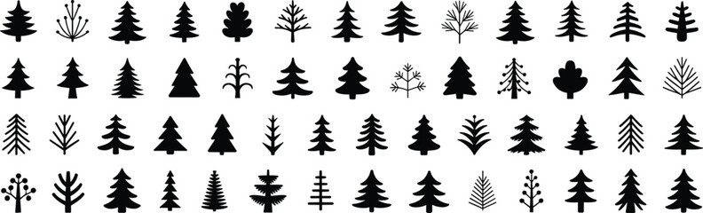 Minimal black tree silhouettes vector set – Christmas, pine, spruce, fir, winter forest clipart, holiday icons, evergreen designs