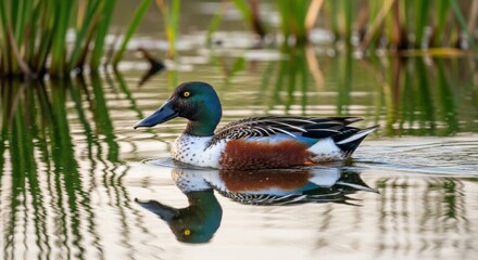 Northern Shoveler Duck Swimming in Calm Waters