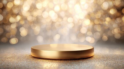 a golden circular podium is illuminated by soft warm lights the background features a bokeh effect with shimmering golden orbs creating a festive atmosphere