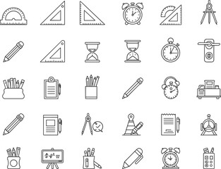 Collection of education and office line icons including pencils, rulers, compass, protractor, stopwatch, clipboard, hourglass, documents, blackboard, and stationery tools