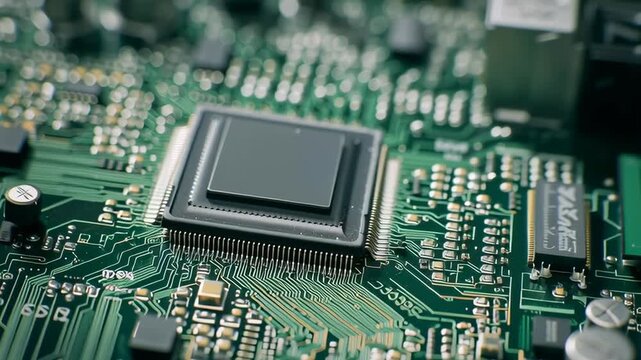 A close up of a computer chip. The chip is black and has a silver border. The chip is surrounded by a green background