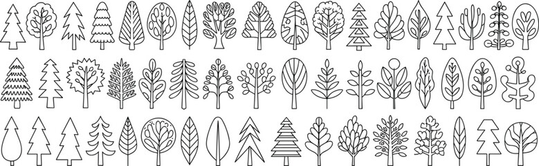 Outlined tree icon collection with modern, minimalist, and hand-drawn forest elements for eco design, nature branding, and seasonal themes