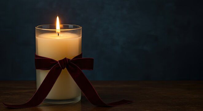 A lit candle in a glass vase tied with a dark ribbon on a wooden surface