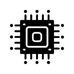 Illustration of a black computer chip with square design and multiple connection points around the edge