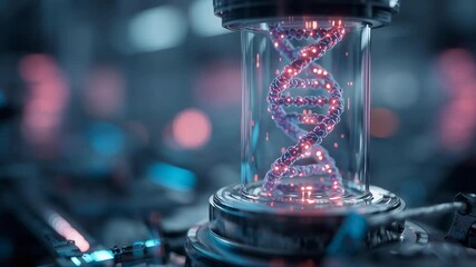 A glowing DNA strand is inside a glass tube. Concept of wonder and fascination with the complexity of life and the intricacies of genetics - Powered by Adobe
