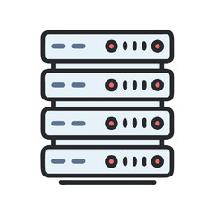 Illustration of a stack of four server units with various indicators and a black outline design style