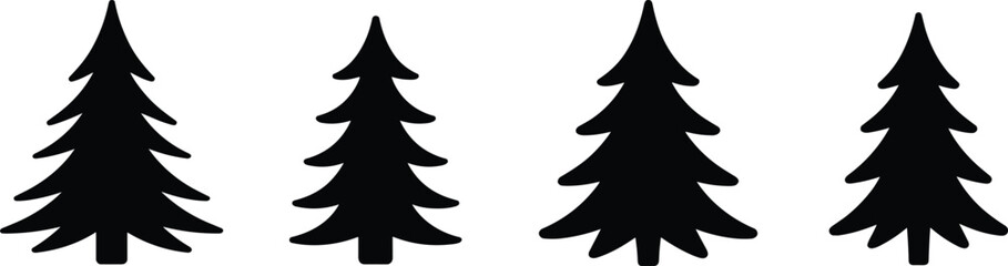 Set of five stylized Christmas pine tree silhouettes – minimal evergreen fir tree icons for winter holidays, vector decoration pack
