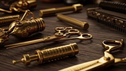 Elegant Gold Barber Tools Still Life: Vintage Scissors, Clippers, and Comb Art