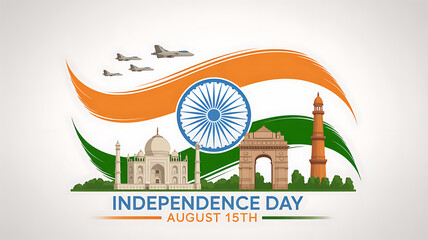 Celebrating India's Independence Day on August 15th with iconic landmarks and national symbols, commemorating freedom and pride