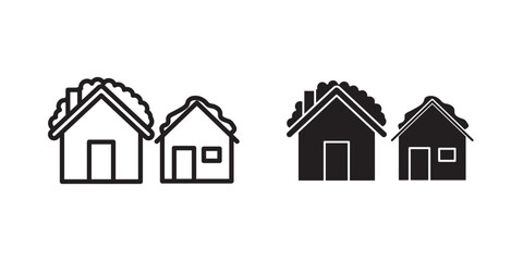 Snowy Village icon. captures the serene beauty of a winter retreat, nestled amidst a pristine snow-covered landscape. Vector illustration with stroke and fill on a white background.