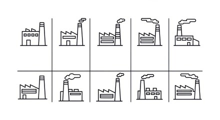 Illustrations of Various Factory Buildings and Structures Emitting Smoke
