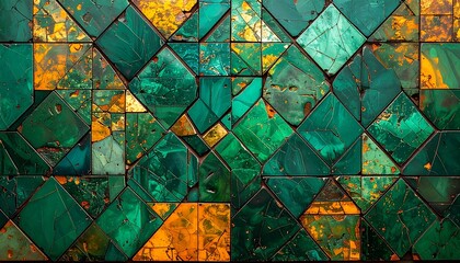Vibrant DesiMosaic pattern with glowing emerald and saffron tiles arranged in geometric precision,