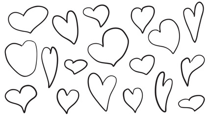 set of various hearts hand drawn in black in doodle style on white background