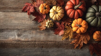 welcome the first day of fall with a festive display of pumpkins and autumn leaves on a rustic wooden background