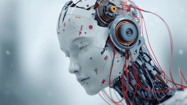 A robot head with wires coming out of it. The robot head is wearing headphones