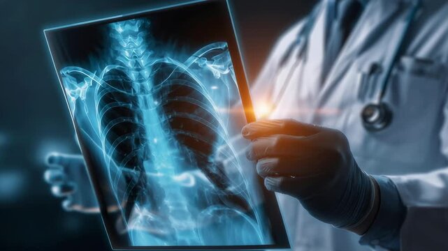 A doctor is holding a medical image of a patient's lungs. The image is in black and white and he is a CT scan. The doctor is wearing gloves and he is examining the image closely