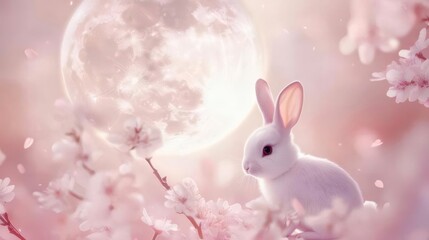 Obraz premium 白いウサギと薄紅色の桜の花が咲き満月の光が柔らかな背景に輝く春の夜