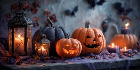 Obraz premium Table with candles and pumpkins on it