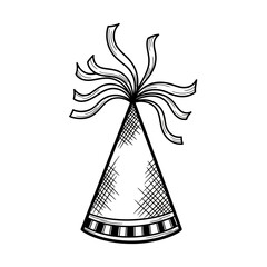 Hand-drawn party hat with ribbons, black and white illustration.