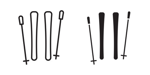 Skis icon .poles and snowboard symbol . Vector illustration with stroke and fill on a white background.
