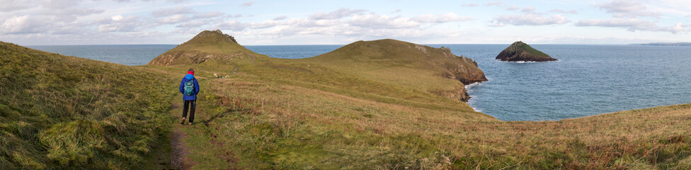 woman hiking on the rumps cornwall uk panorama 