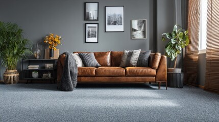 patterned blue carpet in front of brown leather sofa in grey living room interior with posters real photo no logos no brands ar 169
