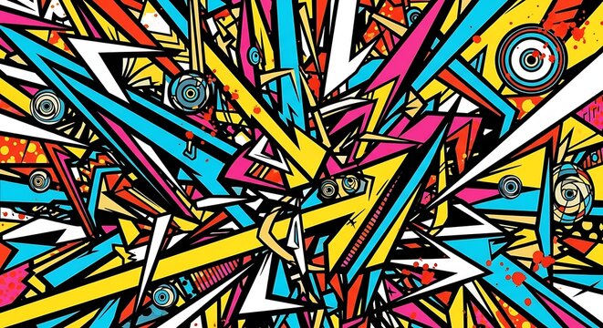 Vector art of explosion of colorful geometric shapes and lines in a vibrant abstract pattern