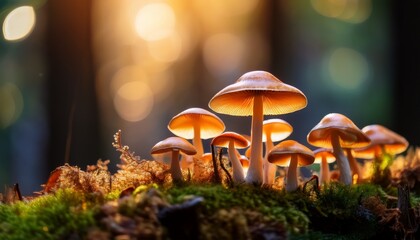 close up of vibrant wild mushrooms growing on moss in forest warm light creates magical atmosphere highlighting delicate details of mushrooms and surrounding foliage