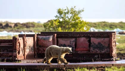 Polar bear walks past ornate structures