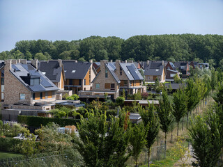 Modern eco-friendly housing with solar panels and abundant landscaping in sustainable community