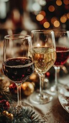 Three wine glasses with different colored wine, one red, one white, and one pink. The wine glasses are on a table with a Christmas tree in the background