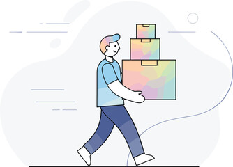 Colorful delivery character, carrying stacked boxes, logistics concept, modern vector, flat illustration, cad drawing, stock image, transport theme
