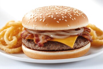 Tasty cheeseburger with bacon and fried onion rings served on white plate, representing delicious and unhealthy american fast food